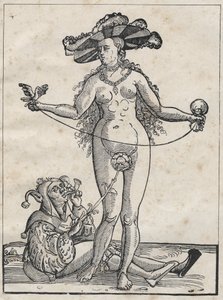 Allegorie des Wahnsinns (Die Frau und der Narr) Deutsche Gravur des 16. Jahrhunderts von German School