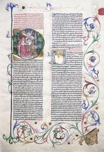 Eine illuminierte Seite, die den Heiligen Hieronymus in seinem Studierzimmer darstellt, und ein Rand mit einem Greif, der von drei Männern angegriffen wird, 1470