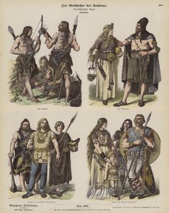 Alte germanische Kostüme (farbige Gravur) von German School