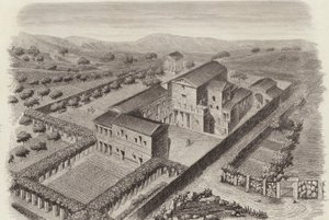 Antikes griechisches Landhaus in Al-Barah, Syrien. Illustration für Bilder-Atlas (Gravur) von German School