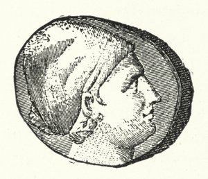 Antike Münze mit dem Kopf der antiken griechischen Dichterin Sappho (Stich) von German School
