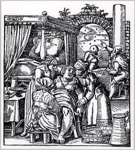 Astrologen erstellen ein Horoskop für das Kind, das einer Frau in einem Gebärstuhl geboren wird, aus De Conceptu et Generatione Hominis von Jacob Rueff, veröffentlicht in Frankfurt, 1587