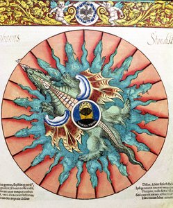 BT1.70.2 Eine Sonnenfinsternis, Illustration aus Astronomicum Caesareum von Peter Apian (Bennewitz) (1495-1552) veröffentlicht in Ingolstadt, 1540 (kolorierter Holzschnitt) von German School