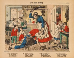 Blauer Montag - die Frau eines Schuhmachers schlägt ihren Mann, Flugblatt veröffentlicht von C. Burckhardt, Weissenburg, ca. 1850