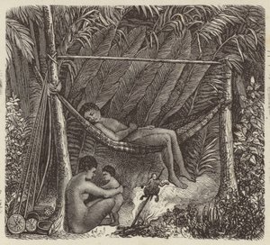 Brasilianischer Eingeborener ruht in einer Hängematte (Stich)