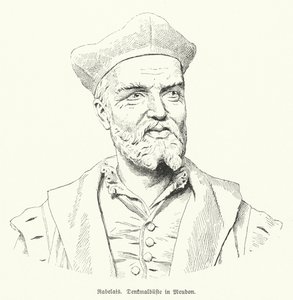 Büste des französischen Autors Francois Rabelais in Meudon, Frankreich (Lithographie)