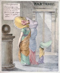 Karikatur, die die Mode verspottet, dass Damen riesige Hüte tragen, um 1820