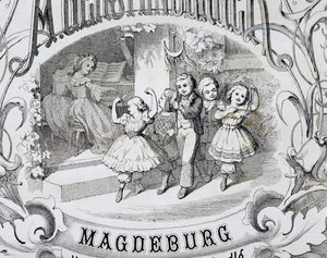 Kindertanzszene, Detail der Titelseite einer Sammlung von Musik und Tänzen für Kinder, veröffentlicht in Magdeburg, Deutschland