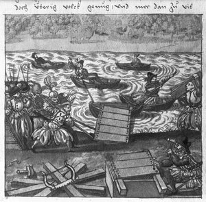 Bau einer Brücke auf Wasser, Illustration aus L