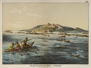 Korallenriff vor der Insel Puynipet (Pohnpei), Karolineninseln (Farblithografie) von German School