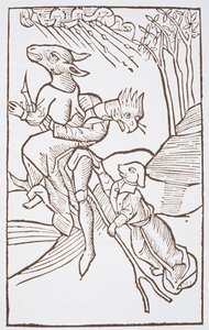 Abreise zum Sabbat, Kopie einer Illustration aus Von den Unholden oder Hexen von Ulrich Molior, Konstanz 1489, verwendet in einer Geschichte der Magie, veröffentlicht Ende des 19. Jahrhunderts von German School
