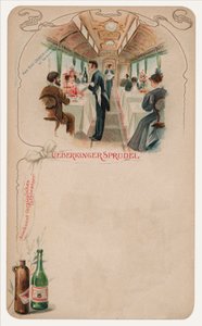 Speisewagen in einem Zug, Werbung für Ueberkinger Sprudel Tafelwasser