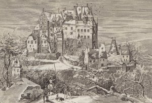 Burg Eltz, in den Hügeln über dem Moseltal, Deutschland, wie sie Ende des 16. Jahrhunderts aussah (Lithografie)