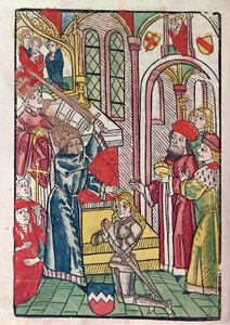 Kaiser Sigismund (1367-1437) von Luxemburg schlägt einen Ritter zum Ritter