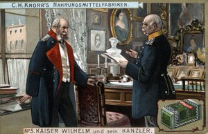 Kaiser Wilhelm I. von Deutschland und Preußen (1797-1888) und Kanzler Otto von Bismarck (1815-1898) diskutieren politische Fragen. Chromolithographie, späte 19. Jahrhundert.