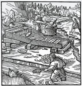 Gravur aus De re metallica (Über die Natur der Metalle), von Georg Pawer oder Georgius Agricola von German School