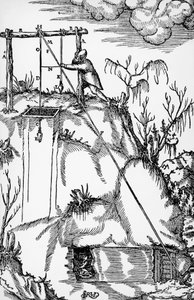 Gravur aus De re metallica (Über die Natur der Metalle), von Georg Pawer oder Georgius Agricola, veröffentlicht in Basel