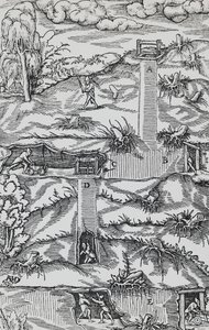 Gravur aus De re metallica (Über die Natur der Metalle), von Georg Pawer oder Georgius Agricola, veröffentlicht in Basel von German School