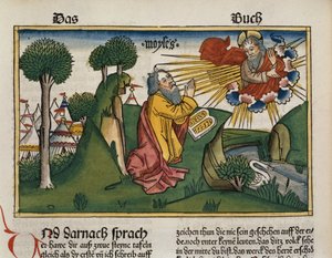 Exodus 34:1-10 Mose erhält die zweiten Tafeln mit den Zehn Geboten, aus der Nürnberger Bibel (Biblia Sacra Germanaica) von German School
