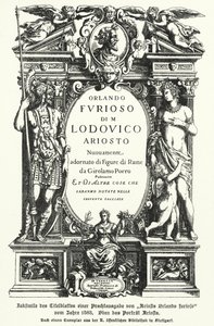 Faksimile der Titelseite einer Ausgabe von 1583 des epischen Gedichts Orlando Furioso des italienischen Dichters Ludovico Ariosto (Lithografie) von German School