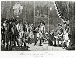 Friedrich der Große empfängt seinen Schwager, Friedrich, Markgraf von Brandenburg-Bayreuth, als Freimaurer in Berlin im Jahr 1740 von German School