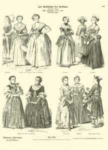 Französische und deutsche bürgerliche Frauenkostüme, spätes 18. Jahrhundert von German School