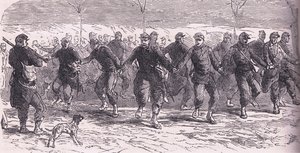Französische Soldaten tanzen im Lager, Cassells Geschichte des Krieges zwischen Frankreich und Deutschland, veröffentlicht von Cassell and Company Limited, ca. 1890
