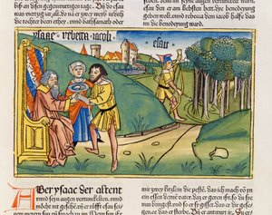 Genesis 27:6-29 Jakob erhält Isaaks Segen, aus der Nürnberger Bibel (Biblia Sacra Germanaica)