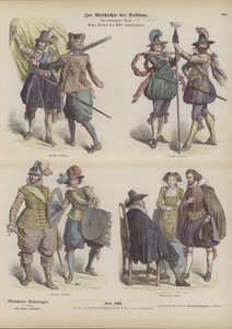 Deutsche Militär- und Bürgerkostüme, frühes 17. Jahrhundert (farbiger Stich) von German School