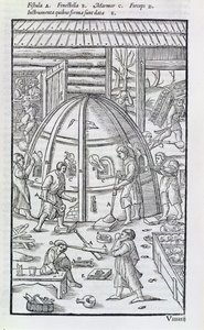 Glashütte, Illustration zeigt den Marmorofen und Glasbläser (Holzschnitt) von German School