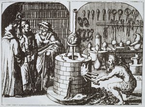 Hermetische Philosophen und ein Alchemist, aus Museum Hermeticum von Michael Majer (1625) illustriert in einer Geschichte der Magie, veröffentlicht Ende des 19. Jahrhunderts