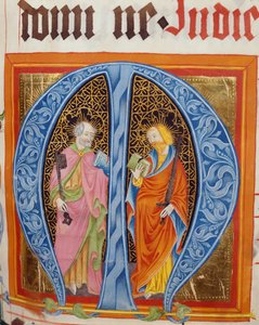 Historiierte Initiale M mit den Heiligen Petrus und Paulus, aus dem Graduale von Friedrich Zollner von Langenzenn, 1439-42