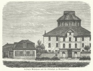 Heim des deutschen Philosophen und Dramatikers Gotthold Ephraim Lessing und die Bibliothek in Wolfenbüttel (Gravur)