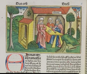 I Samuel 1:8 Elkana tröstet Hanna, aus der Nürnberger Bibel (Biblia Sacra Germanaica)