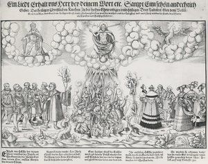 Illustration des Liedes von Martin Luther, das um Gottes Hilfe gegen das tödliche Werk des Papstes bittet von German School