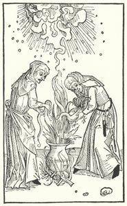 Illustration aus einer Abhandlung von Ulrich Molitor über Wahrsagerinnen und Hexerei (Gravur)