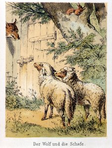 Illustration von Franz Hoffmanns Erzählungen „Märchen und Fabeln - Der Wolf und das Schaf“: Ein Wolf spricht mit den beiden Schafen. Chromolithographie des 19. Jahrhunderts von German School