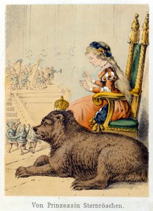 Illustration von Franz Hoffmanns Erzählungen „Märchen und Fabeln - Von Prinzessin Sternröschen“: eine Prinzessin neben einem König Bär. Chromolithographie des 19. Jahrhunderts
