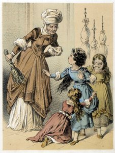 Illustration von Franz Hoffmanns Märchen „Tales et Fables - Les 3 Gifts“: Eine Frau misshandelt die 3 Mädchen. Chromolithographie des 19. Jahrhunderts.