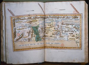 Karte des Heiligen Landes, basierend auf Beschreibungen und Koordinaten in Cosmographica von Ptolemäus (Claudius Ptolemaeus von Alexandria) (ca. 90-168 n. Chr.), veröffentlicht in Ulm, Deutschland, von Johann Reger