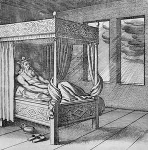 König beobachtet den Regen durch sein Fenster aus Musaeum Hermeticum