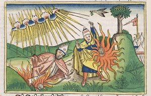 Levitikus 10:1-2 Nadab und Abihu opfern unheiliges Feuer und sterben, aus der Nürnberger Bibel (Biblia Sacra Germanaica)