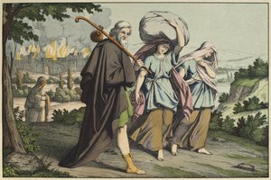 Lot und seine Töchter fliehen, Illustration aus dem Alten Testament, veröffentlicht von Jakob Ferdinand Schreiber, Esslingen (Farbstich)