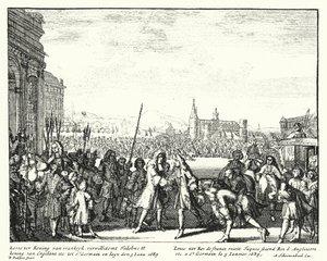 Ludwig XIV. von Frankreich begrüßt Jakob II. von England im Exil von German School