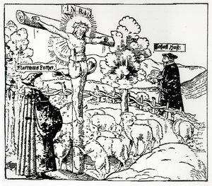 Luther (1483-1546) und Hus (1369-1415) mit Christus im Schafstall, ca. 1520-21