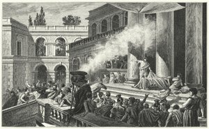 Marcus Antonius löst mit seiner Rede bei der Beerdigung von Julius Caesar einen Aufruhr aus, 44 v. Chr. von German School