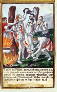 Martyrium von Jean de Brébeuf und Gabriel Lalemant durch die Irokesen in Neufrankreich 1649, aus dem Martyrologium der Jesuiten, 1688 von German School