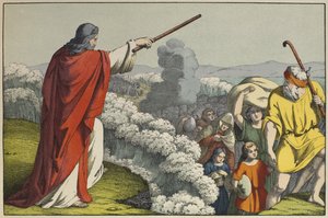 Moses teilt die Wasser des Roten Meeres, Illustration aus dem Alten Testament, veröffentlicht von Jakob Ferdinand Schreiber, Esslingen (Farbstich)