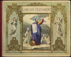 Moses empfängt die Gesetzestafeln von Gott auf dem Berg Sinai, Frontispiz-Illustration aus dem Alten Testament, veröffentlicht von Jakob Ferdinand Schreiber, Esslingen (Farbstich)