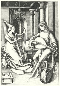 Musiker spielen Laute und Harfe in einem Landhaus im 15. Jahrhundert (Stich) von German School